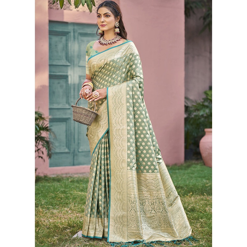 Green Spun Silk Saree With Blouse Piece - JD986599514
