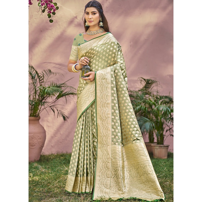 Green Spun Silk Saree With Blouse Piece - JD986599515