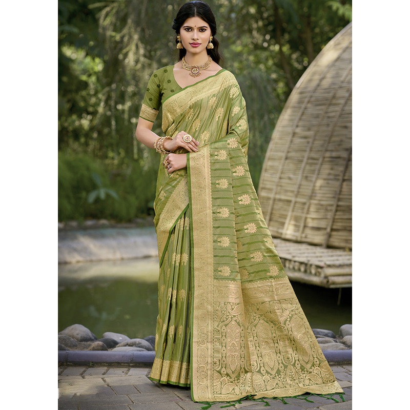 Green Spun Silk Saree With Blouse Piece - JD986599516