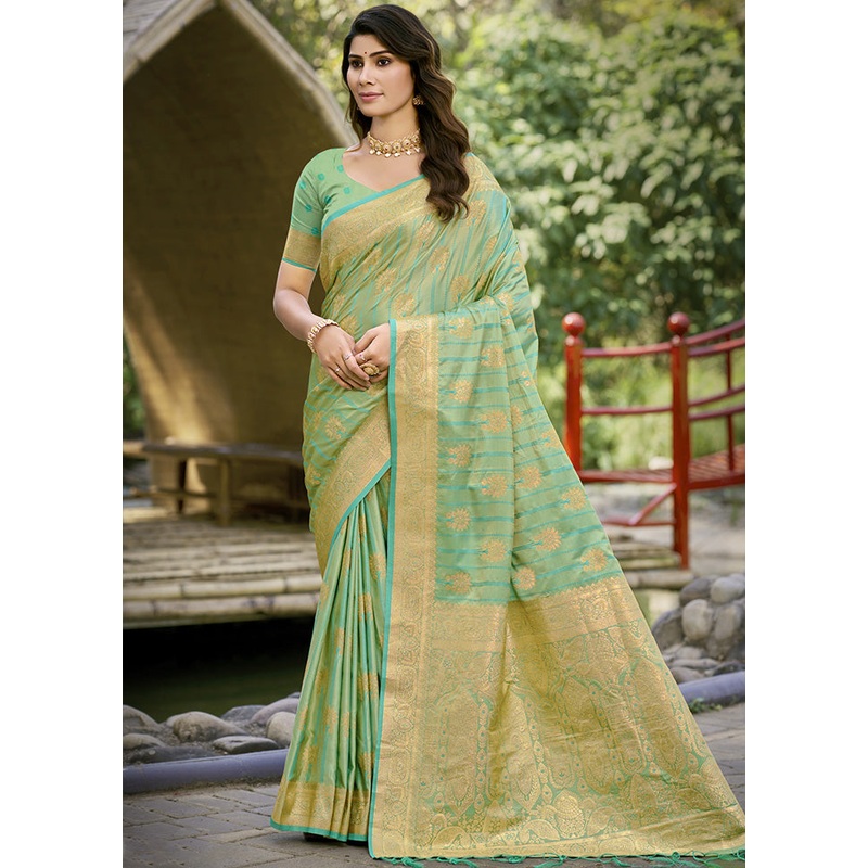Green Spun Silk Saree With Blouse Piece - JD986599517