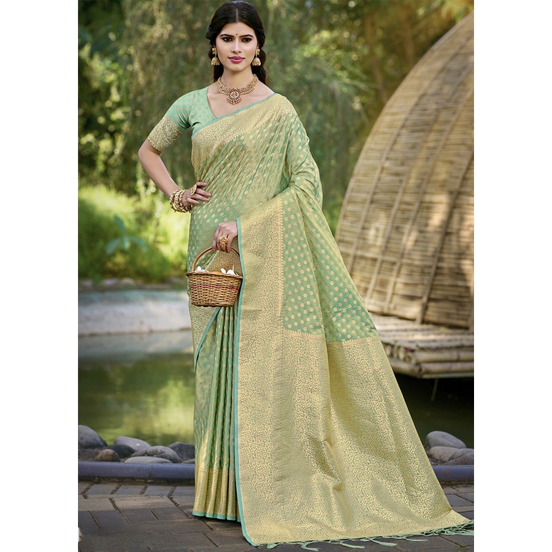 Green Spun Silk Saree With Blouse Piece - JD986599518
