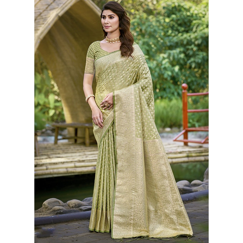 Green Spun Silk Saree With Blouse Piece - JD986599519