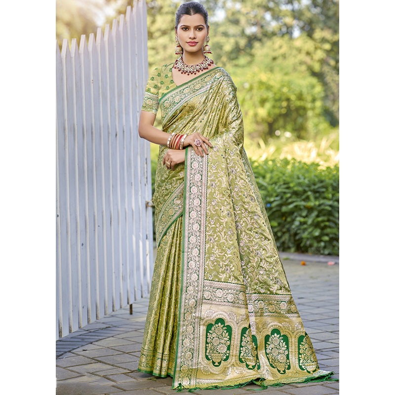Green Spun Silk Saree With Blouse Piece - JD986599520