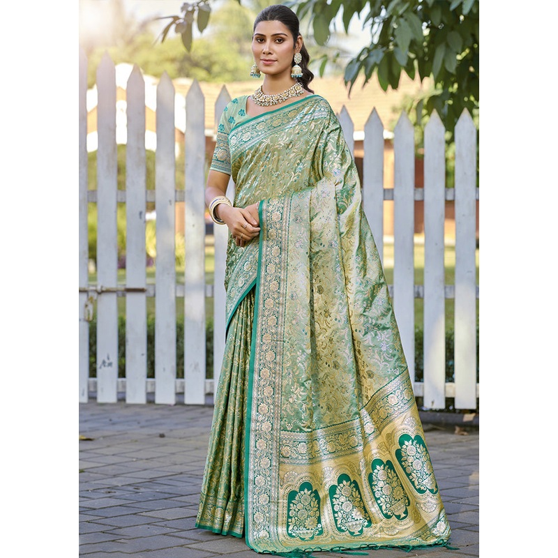 Green Spun Silk Saree With Blouse Piece - JD986599521