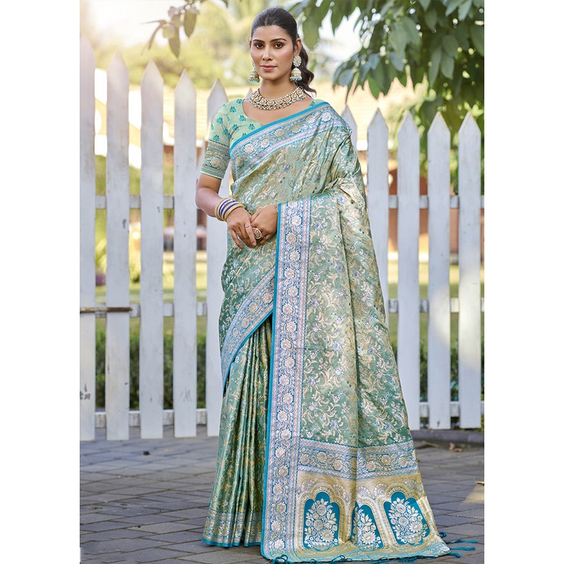 Green Spun Silk Saree With Blouse Piece - JD986599522