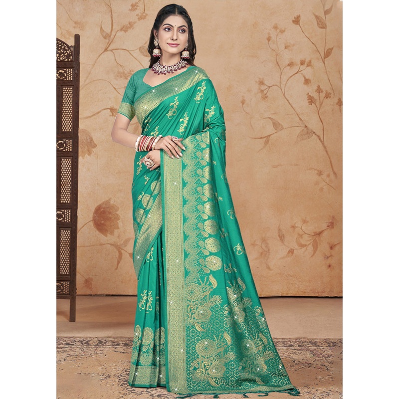 Green Spun Silk Saree With Blouse Piece - JD986599523