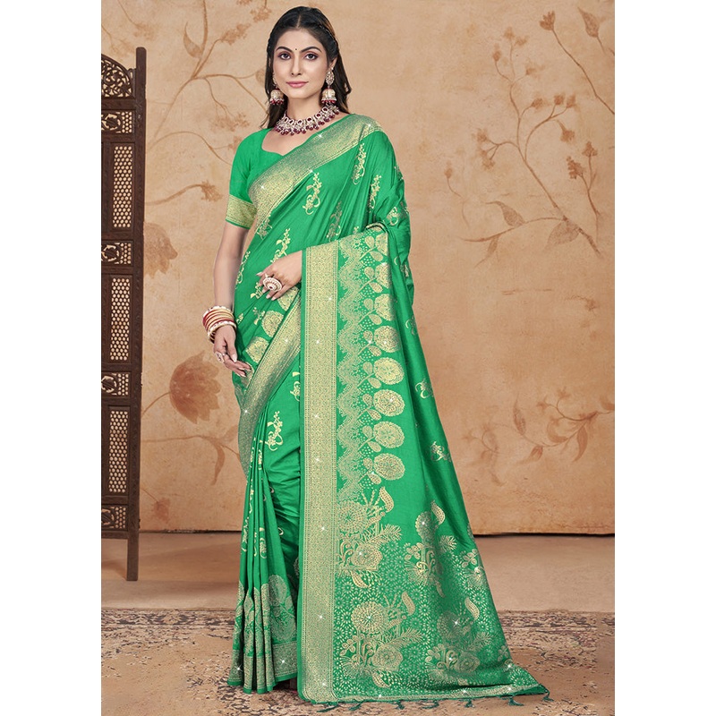 Green Spun Silk Saree With Blouse Piece - JD986599524