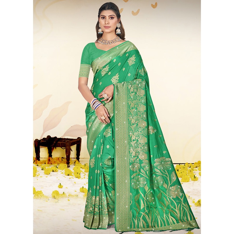 Green Spun Silk Saree With Blouse Piece - JD986599525