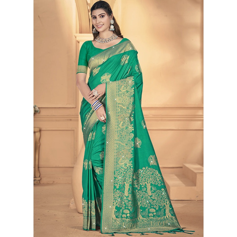 Green Spun Silk Saree With Blouse Piece - JD986599528