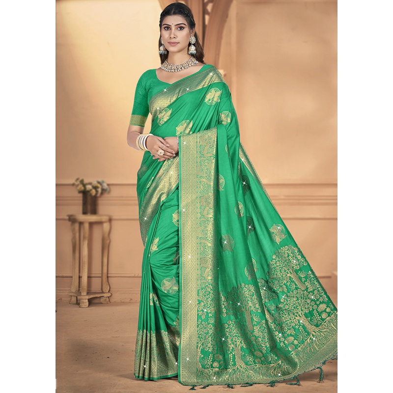 Green Spun Silk Saree With Blouse Piece - JD986599529