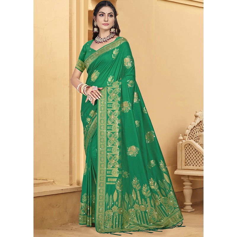 Green Spun Silk Saree With Blouse Piece - JD986599531