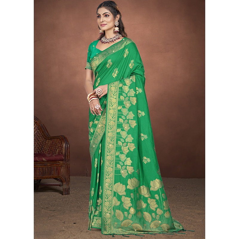 Green Spun Silk Saree With Blouse Piece - JD986599532