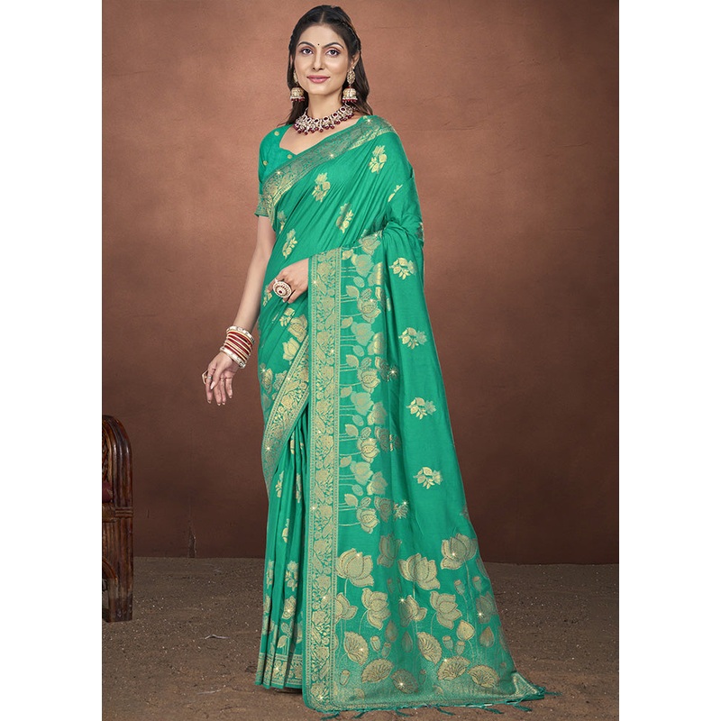 Green Spun Silk Saree With Blouse Piece - JD986599533