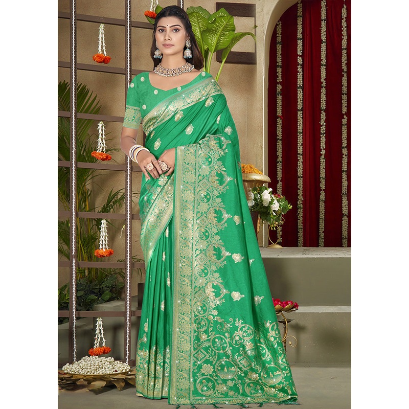 Green Spun Silk Saree With Blouse Piece - JD986599534