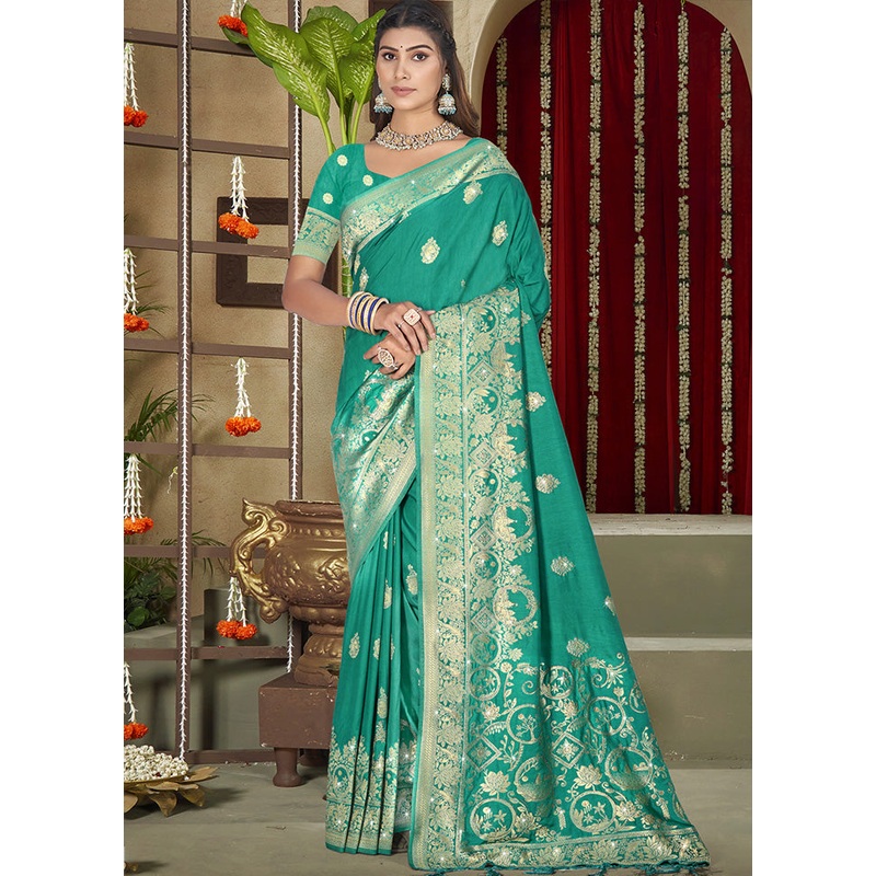 Green Spun Silk Saree With Blouse Piece - JD986599535