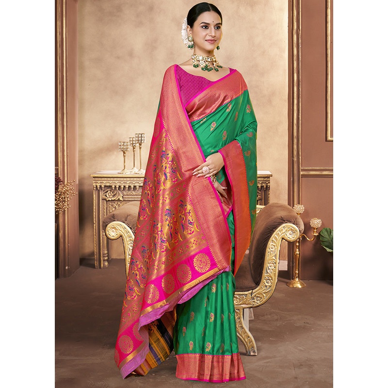 Green Spun Silk Saree With Blouse Piece - JD986599536