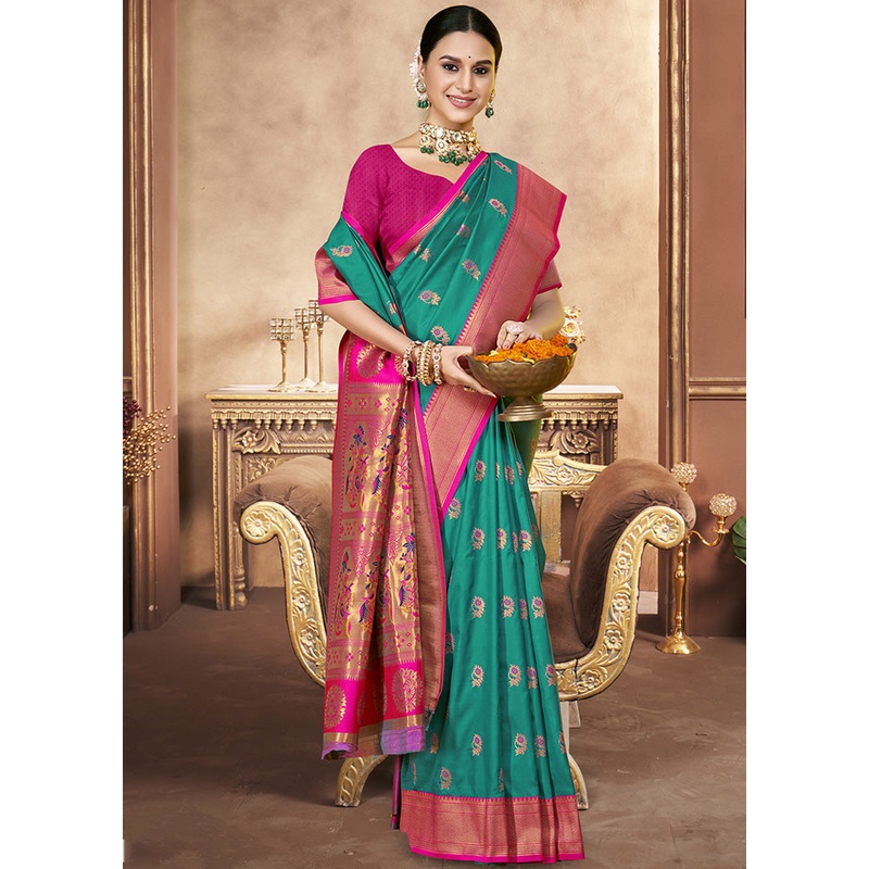 Green Spun Silk Saree With Blouse Piece - JD986599537