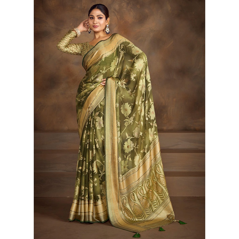 Green Spun Silk Saree With Blouse Piece - JD986599602