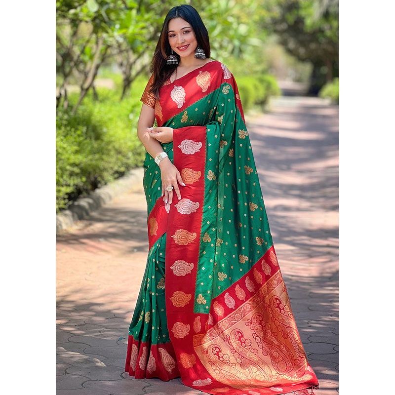 Green Spun Silk Saree With Blouse Piece - JD986599604