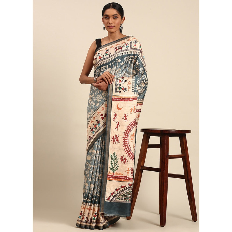 Grey Cotton Saree With Blouse Piece - JD986599486