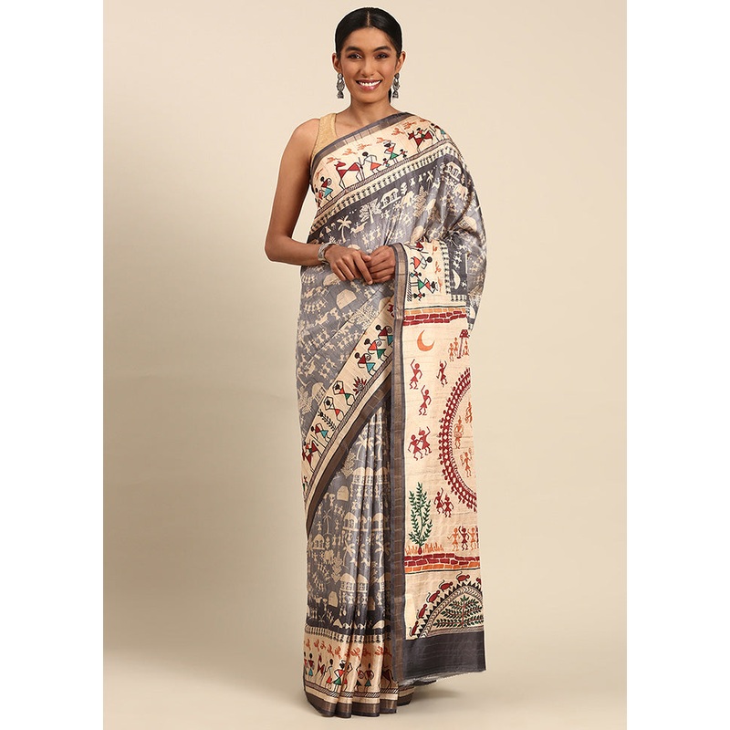 Grey Cotton Saree With Blouse Piece - JD986599488