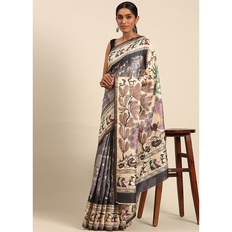 Grey Cotton Saree With Blouse Piece - JD986599490