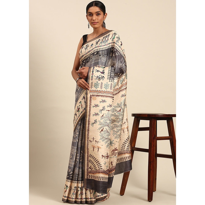 Grey Cotton Saree With Blouse Piece - JD986599491