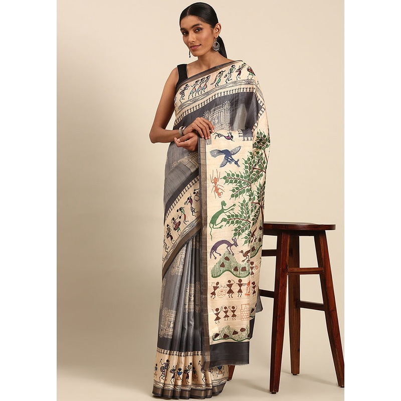 Grey Cotton Saree With Blouse Piece - JD986599492