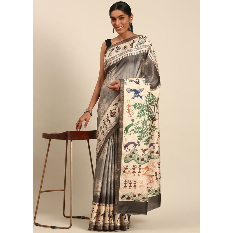Grey Cotton Saree With Blouse Piece - JD986599493