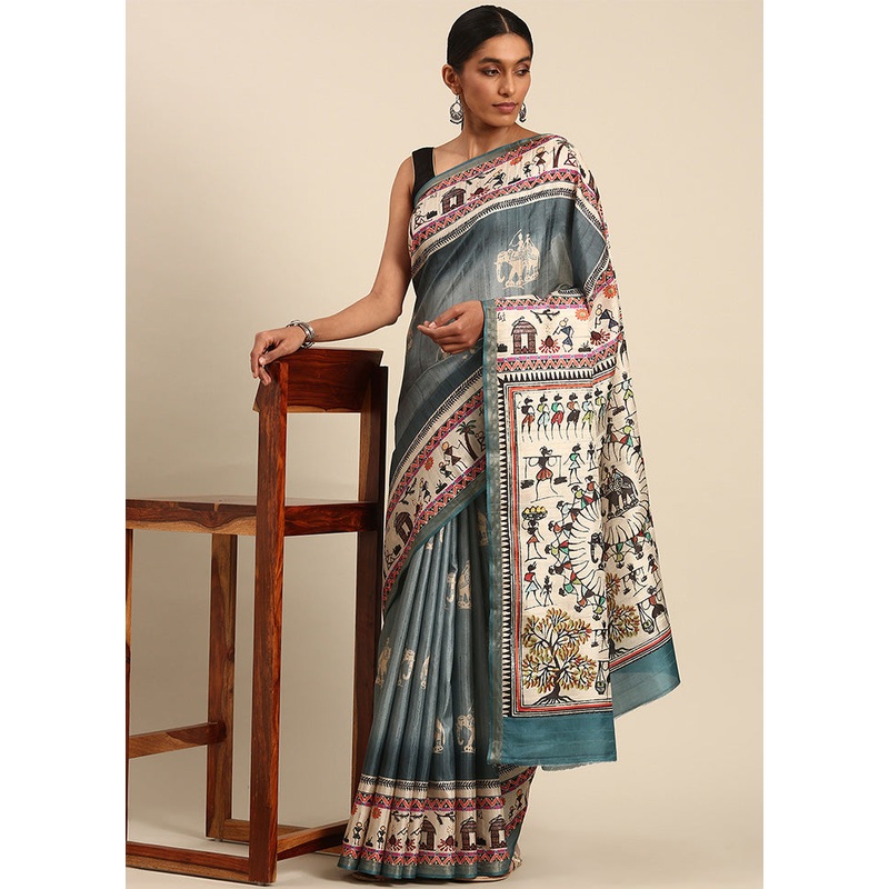 Grey Cotton Saree With Blouse Piece - JD986599494