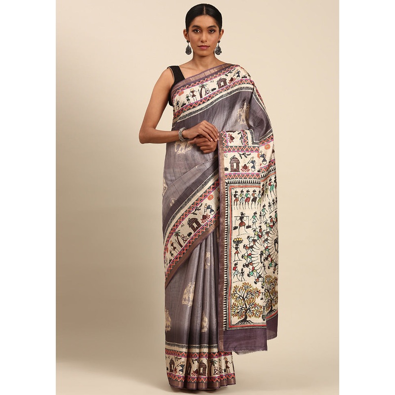 Grey Cotton Saree With Blouse Piece - JD986599495