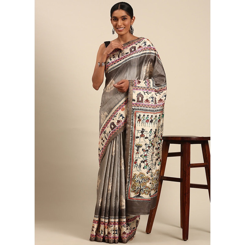 Grey Cotton Saree With Blouse Piece - JD986599496