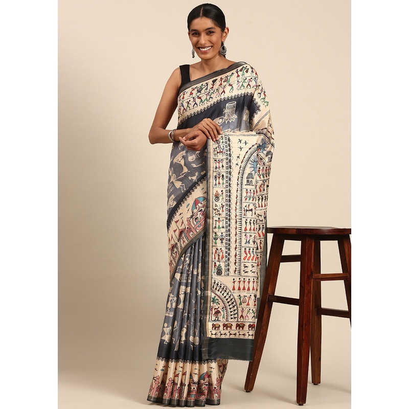 Grey Cotton Saree With Blouse Piece - JD986599497