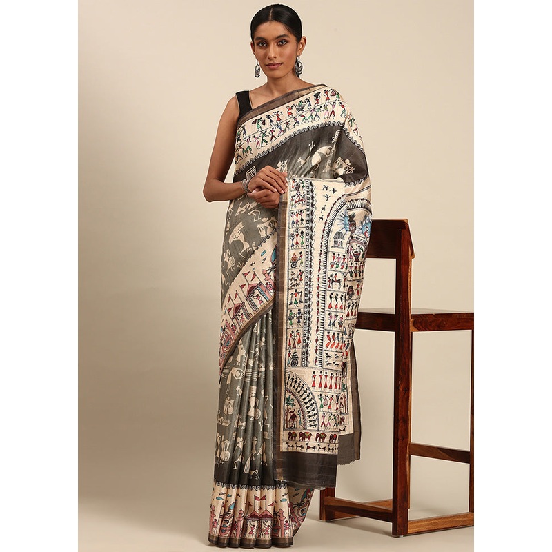 Grey Cotton Saree With Blouse Piece - JD986599498
