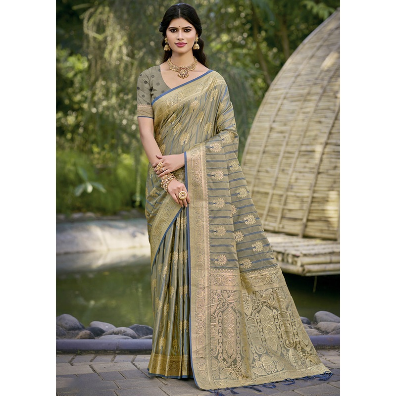 Grey Spun Silk Saree With Blouse Piece - JD986599484