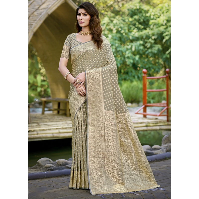 Grey Spun Silk Saree With Blouse Piece - JD986599485