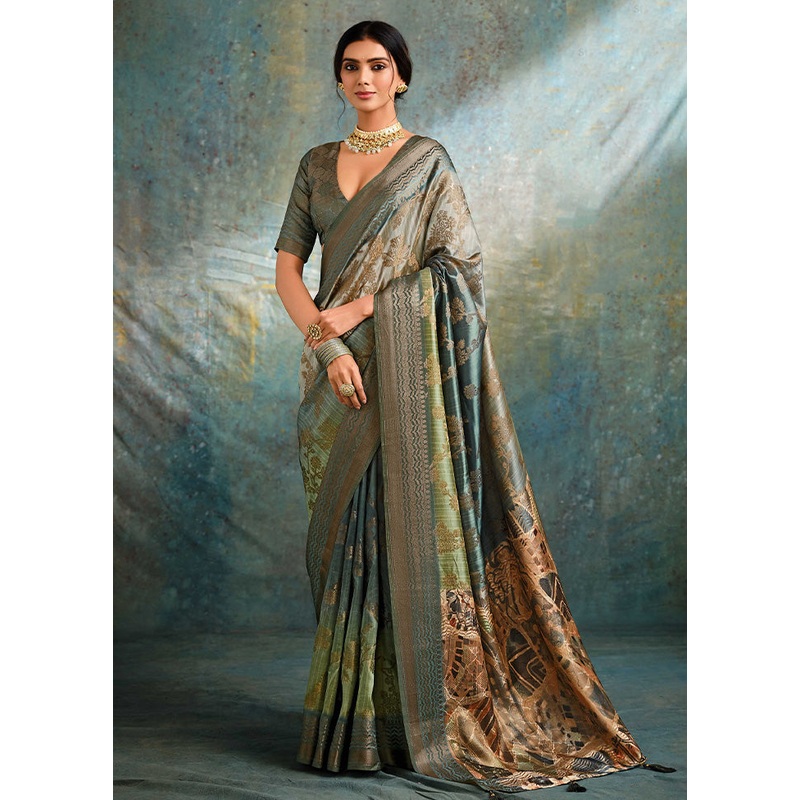 Grey Spun Silk Saree With Blouse Piece - JD986599601