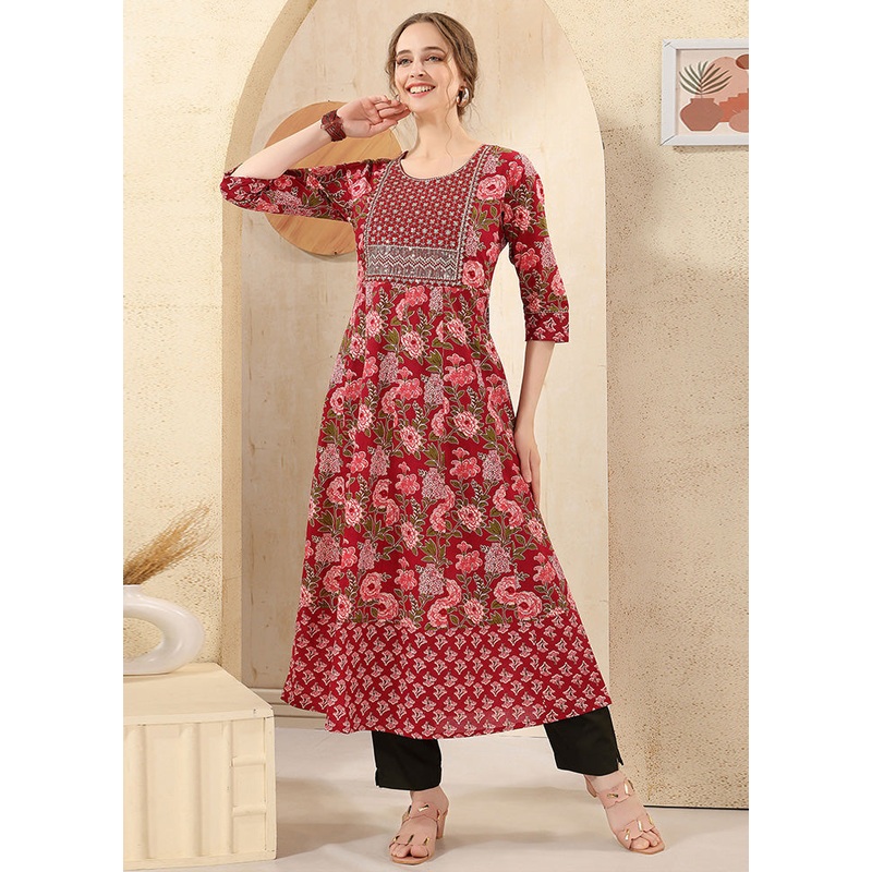 Maroon Readymade Cotton Long Kurti - JD986599568
