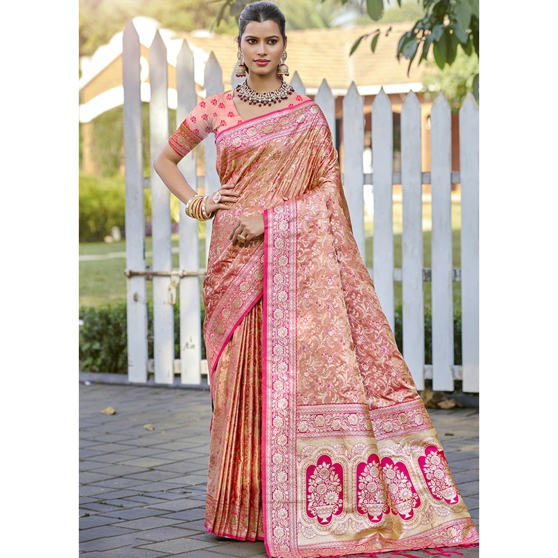 Peach Spun Silk Saree With Blouse Piece - JD986599481
