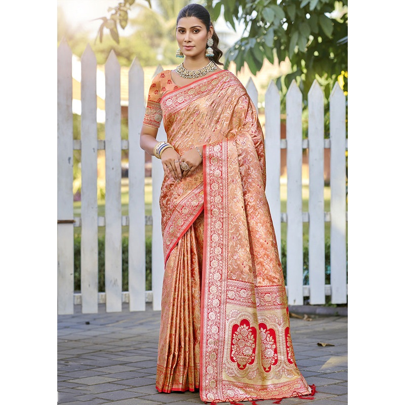 Peach Spun Silk Saree With Blouse Piece - JD986599482