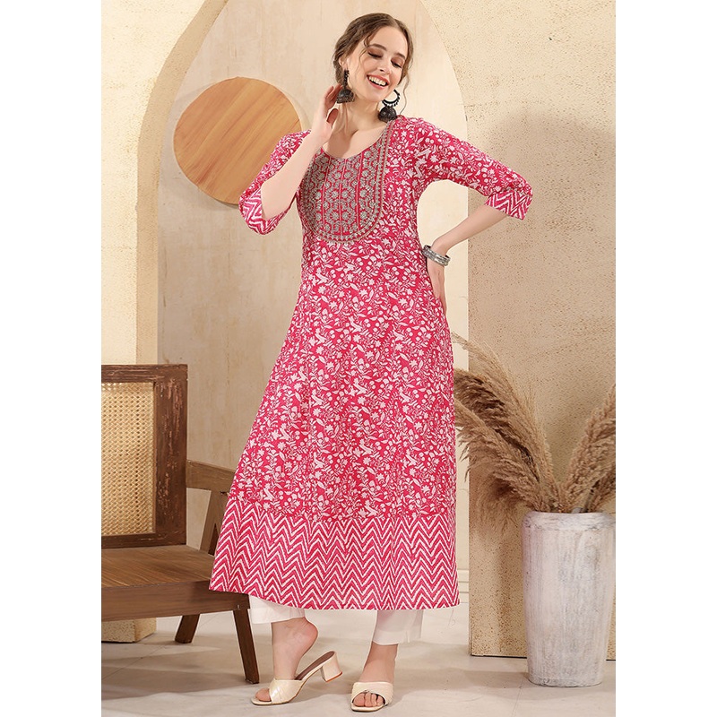 Pink Readymade Cotton Long Kurti - JD986599567