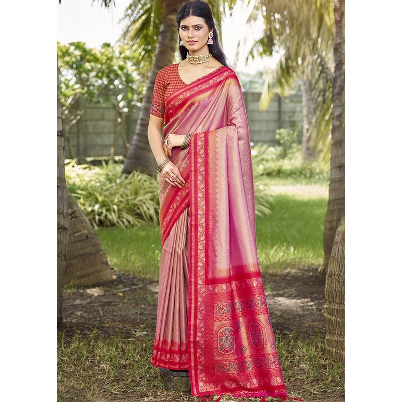 Pink Spun Silk Saree With Blouse Piece - JD986599458