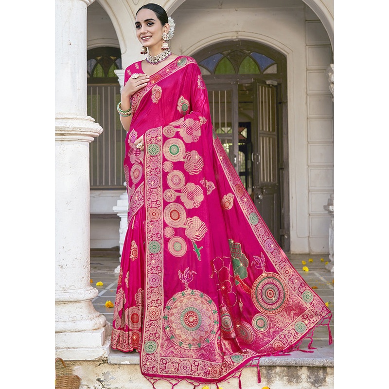 Pink Spun Silk Saree With Blouse Piece - JD986599459