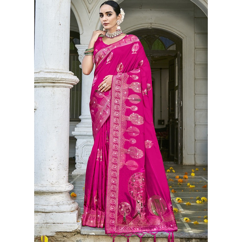 Pink Spun Silk Saree With Blouse Piece - JD986599462