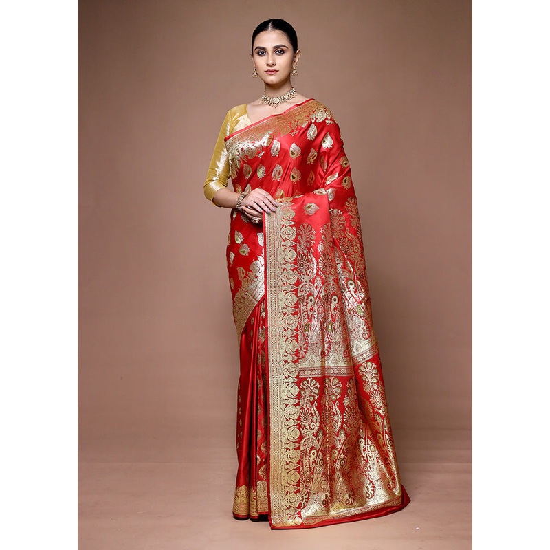 Red Banarasi Silk Saree With Blouse Piece - JD986599622