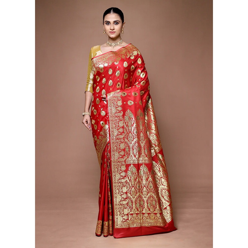 Red Banarasi Silk Saree With Blouse Piece - JD986599623