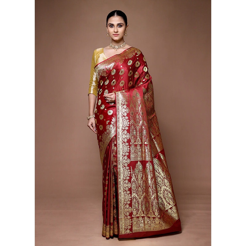 Red Banarasi Silk Saree With Blouse Piece - JD986599624