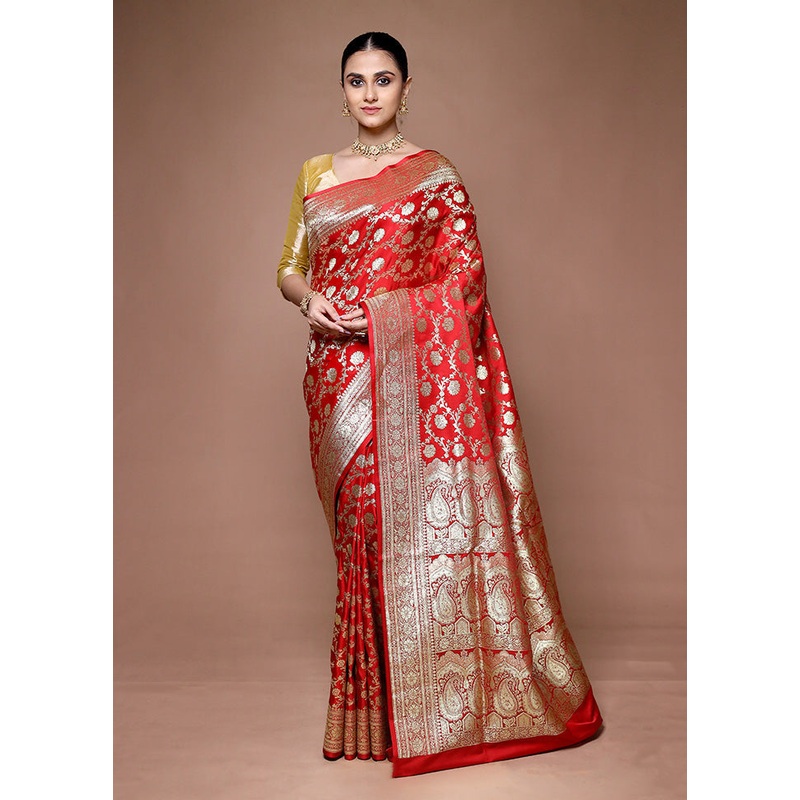 Red Banarasi Silk Saree With Blouse Piece - JD986599625