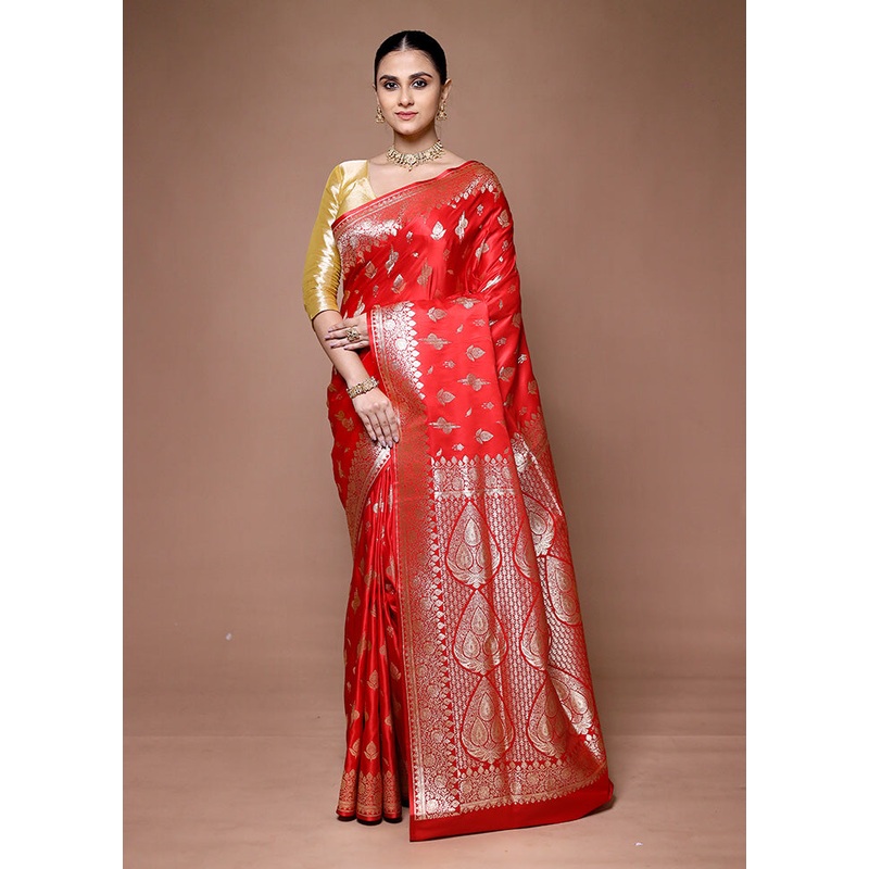 Red Banarasi Silk Saree With Blouse Piece - JD986599626