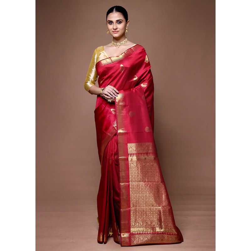 Red Handloom Kanchipuram Pure Silk Saree With Blouse Piece - JD986599621